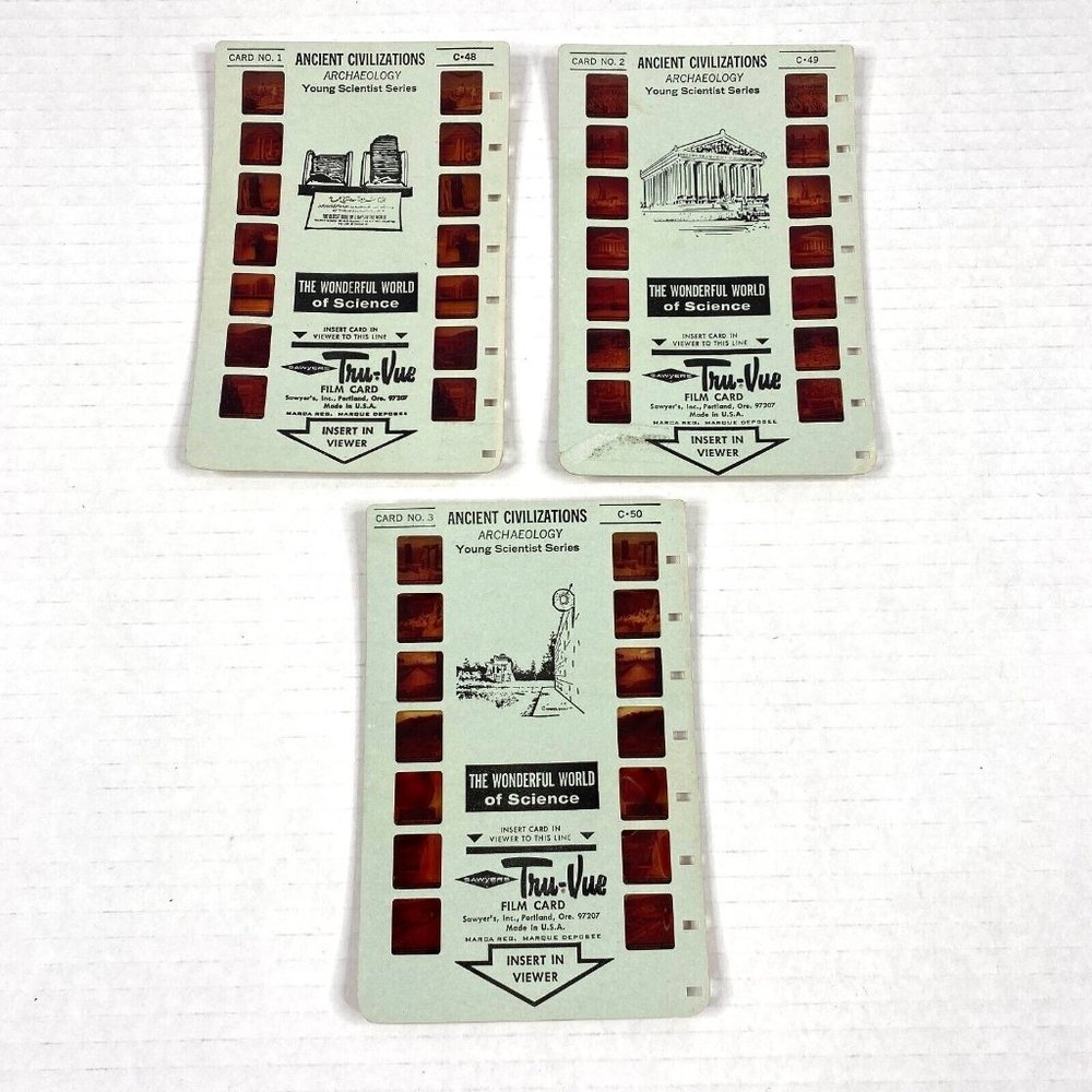 Tru-Vue Film Cards Set of 3 Stereoview Ancient Civilizations Archaeology Science